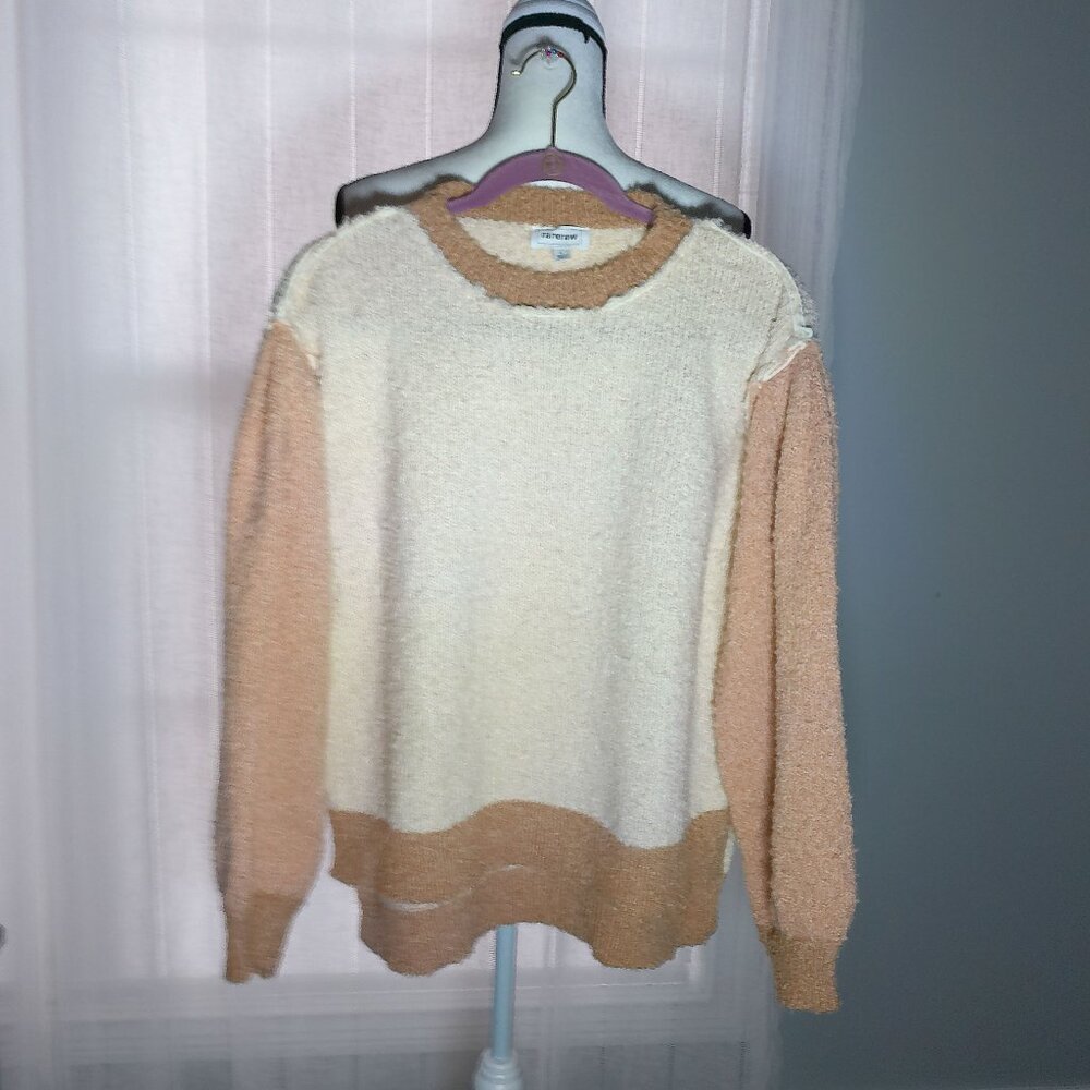 RARERAW Long Sleeve Scoop Neck Hi Lo Cream/Peach/Tan Color Blocked Sweater L